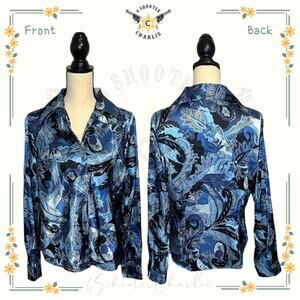 Womens Blue Diamond Top Size L Black Blue Paisley Button Front Long Sleeve